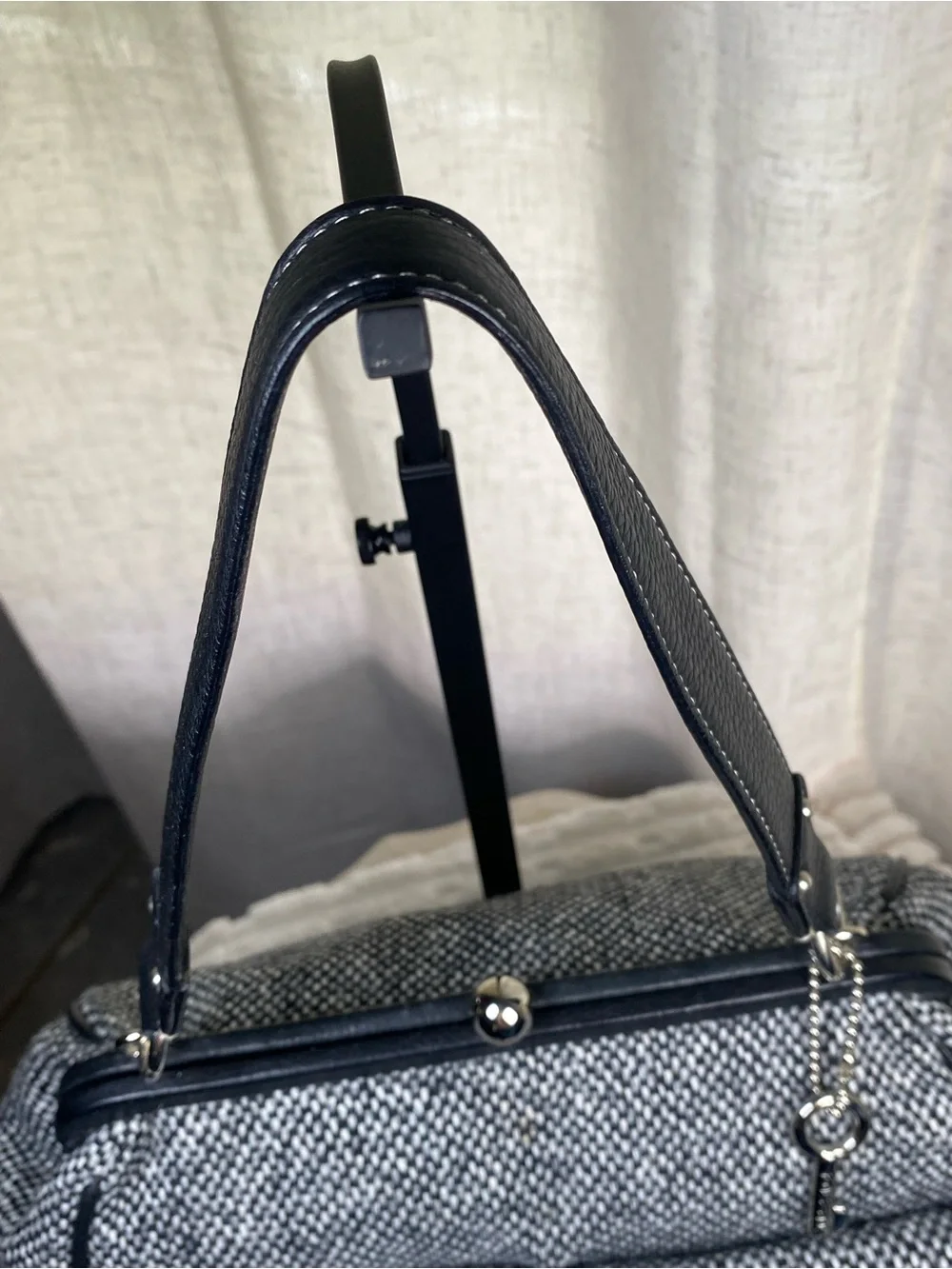 Vintage Y2K Fossil Tweed Satchel Handbag Double Pocket Frame Bag Black White